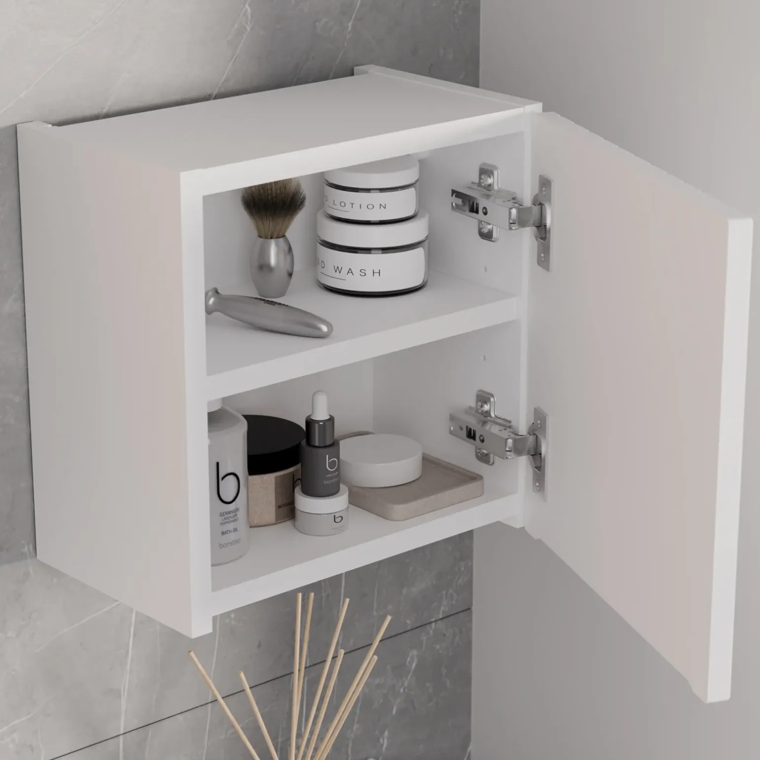 Mobile bagno sospeso cannettato 80cm con lavabo, colonna e 3 pensili bianco rovere Cleany