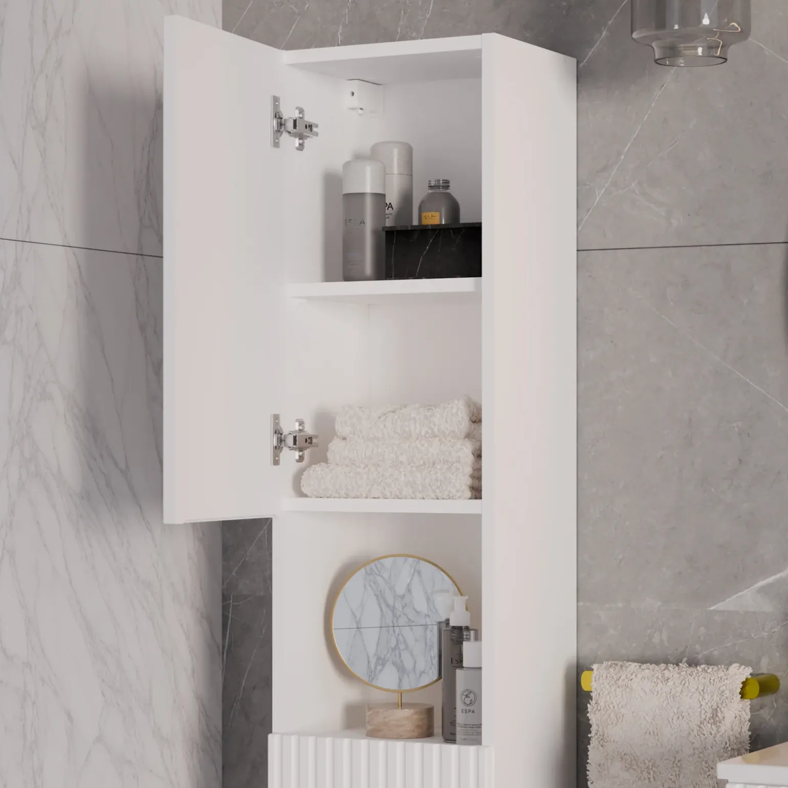 Mobile bagno sospeso cannettato 80cm con lavabo, colonna e 3 pensili bianco rovere Cleany