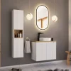 Mobile bagno sospeso cannettato 80cm con lavabo e colonna bianco rovere Cleany