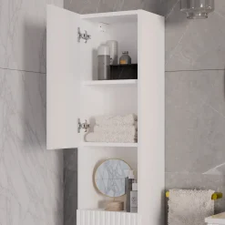 Mobile bagno sospeso cannettato 80cm con lavabo e colonna bianco rovere Cleany