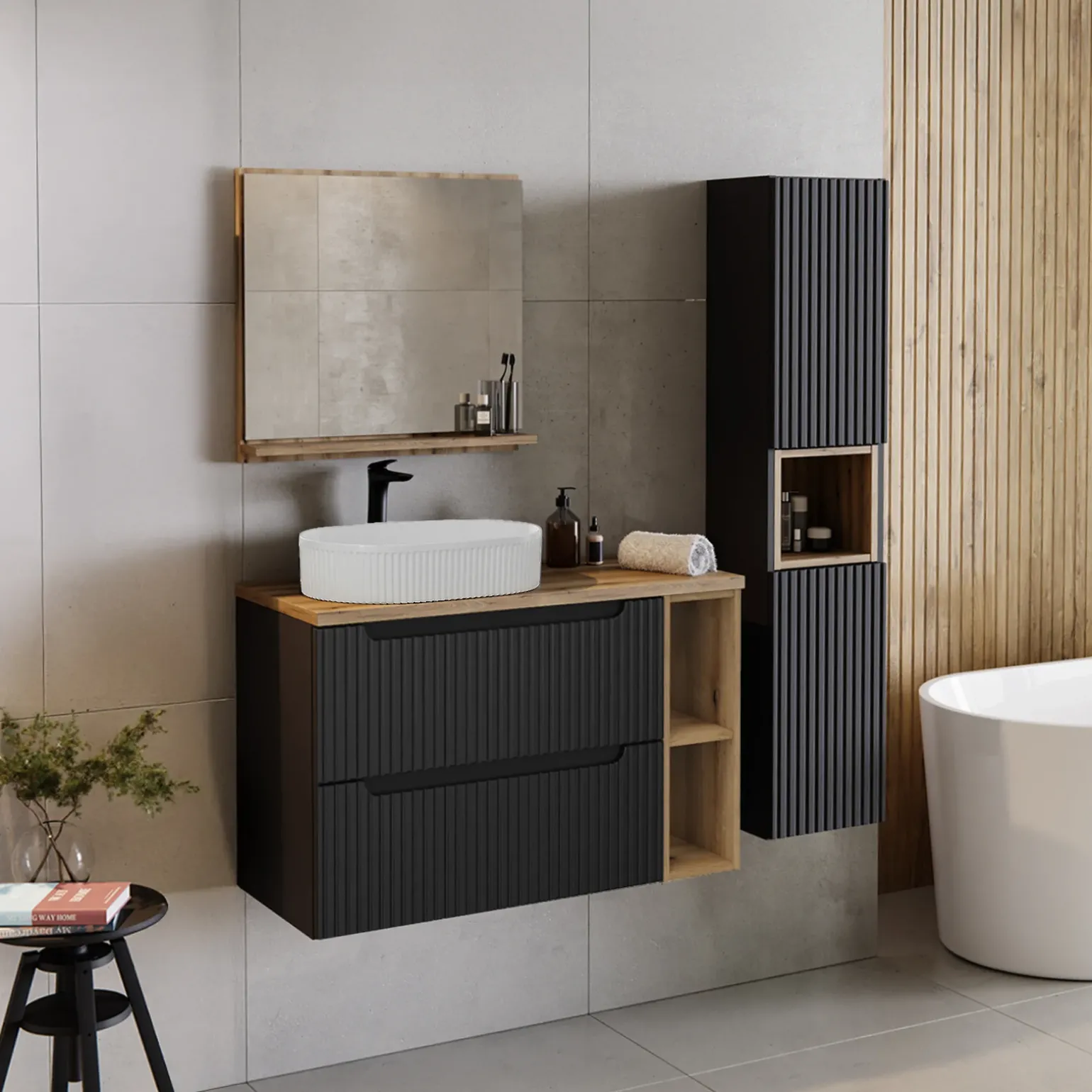 Mobile bagno sospeso cannettato 100cm con lavabo e colonna nero rovere Cleany