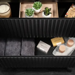Mobile bagno sospeso cannettato 100cm con lavabo e colonna nero rovere Cleany