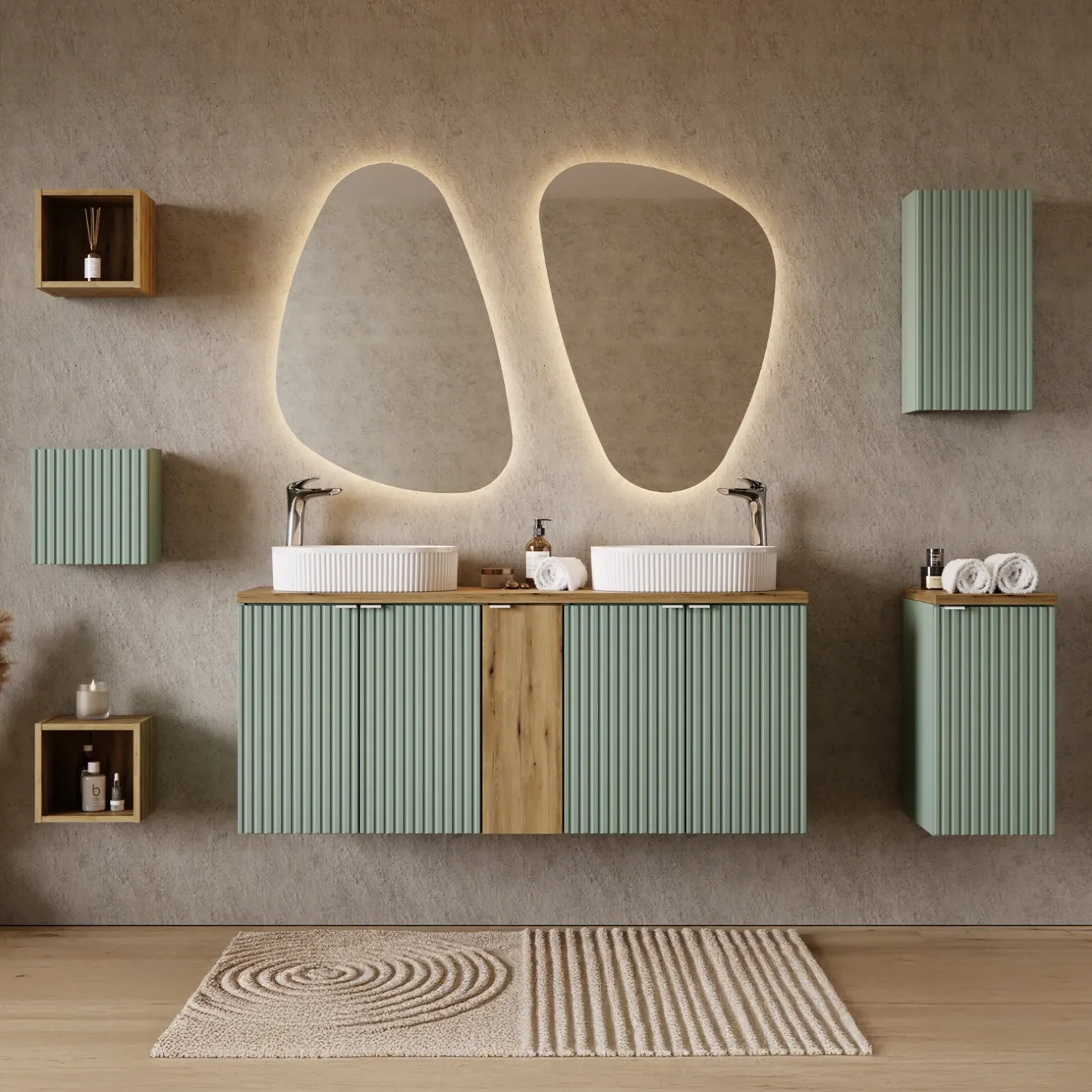 Mobile bagno sospeso cannettato 140cm 5 ante verde salvia rovere Greeny