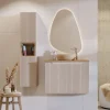 Mobile bagno sospeso cannettato 80cm con lavabo e colonna beige rovere Cleany