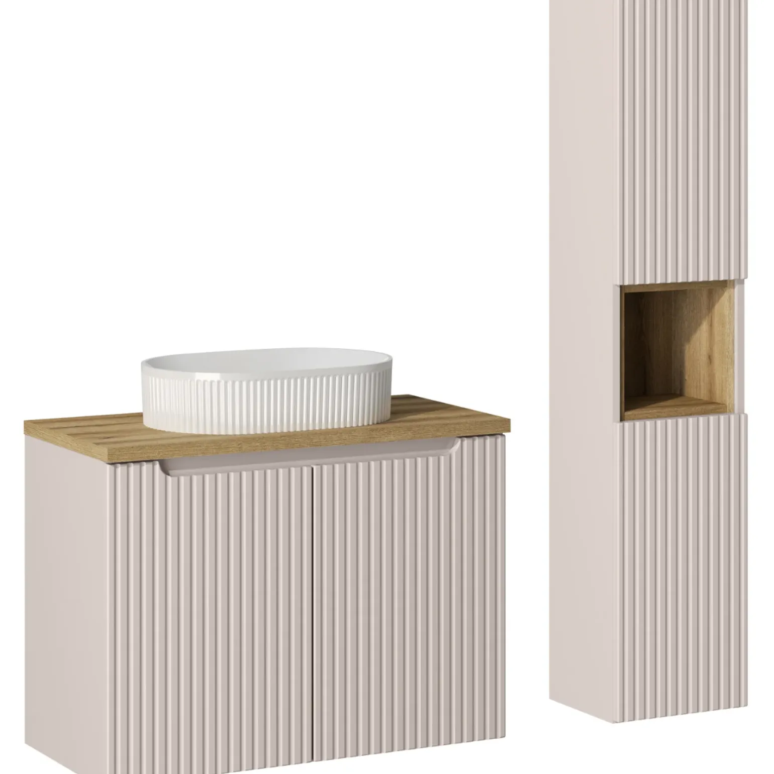 Mobile bagno sospeso cannettato 80cm con lavabo e colonna beige rovere Cleany