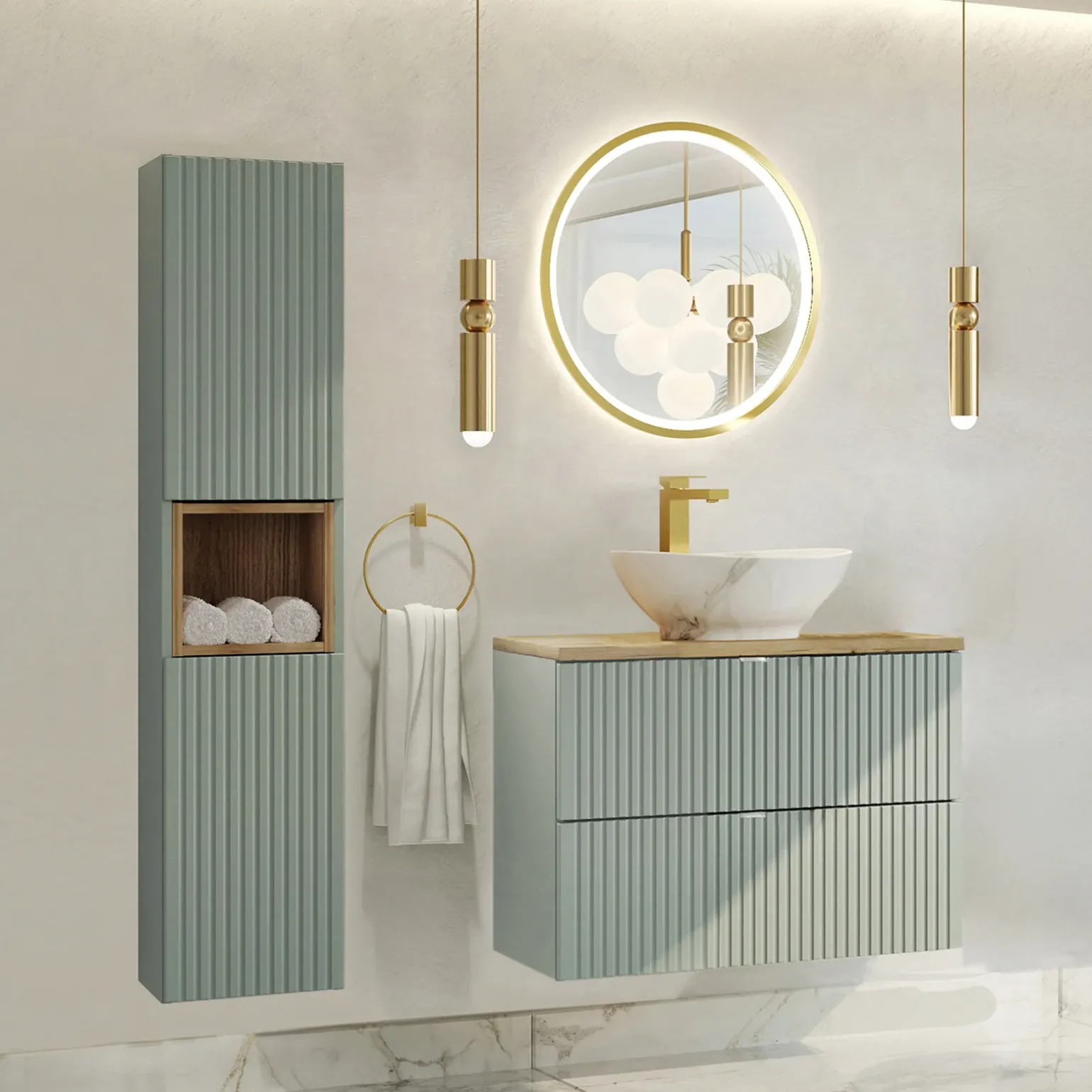 Mobile bagno sospeso cannettato 80cm con lavabo e colonna verde salvia rovere Greeny