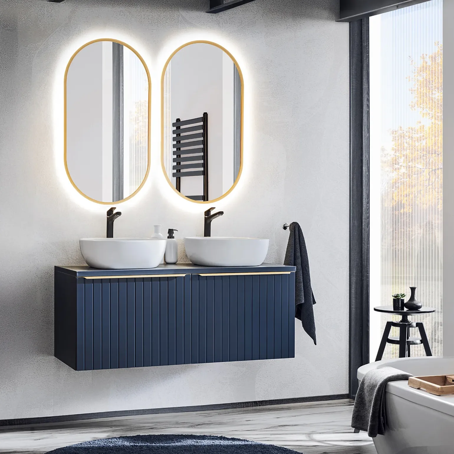 Mobile bagno sospeso 120cm 2 cassettoni e 2 cassetti attrezzati cannettato blu Deep