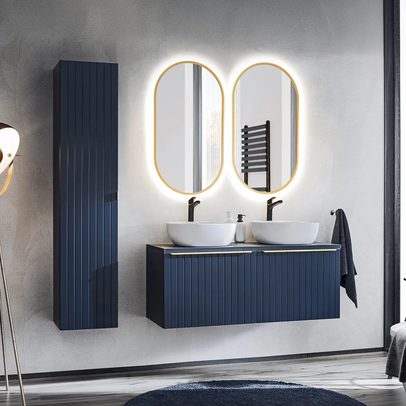Mobile bagno sospeso 120cm 2 cassettoni e 2 cassetti attrezzati cannettato blu Deep