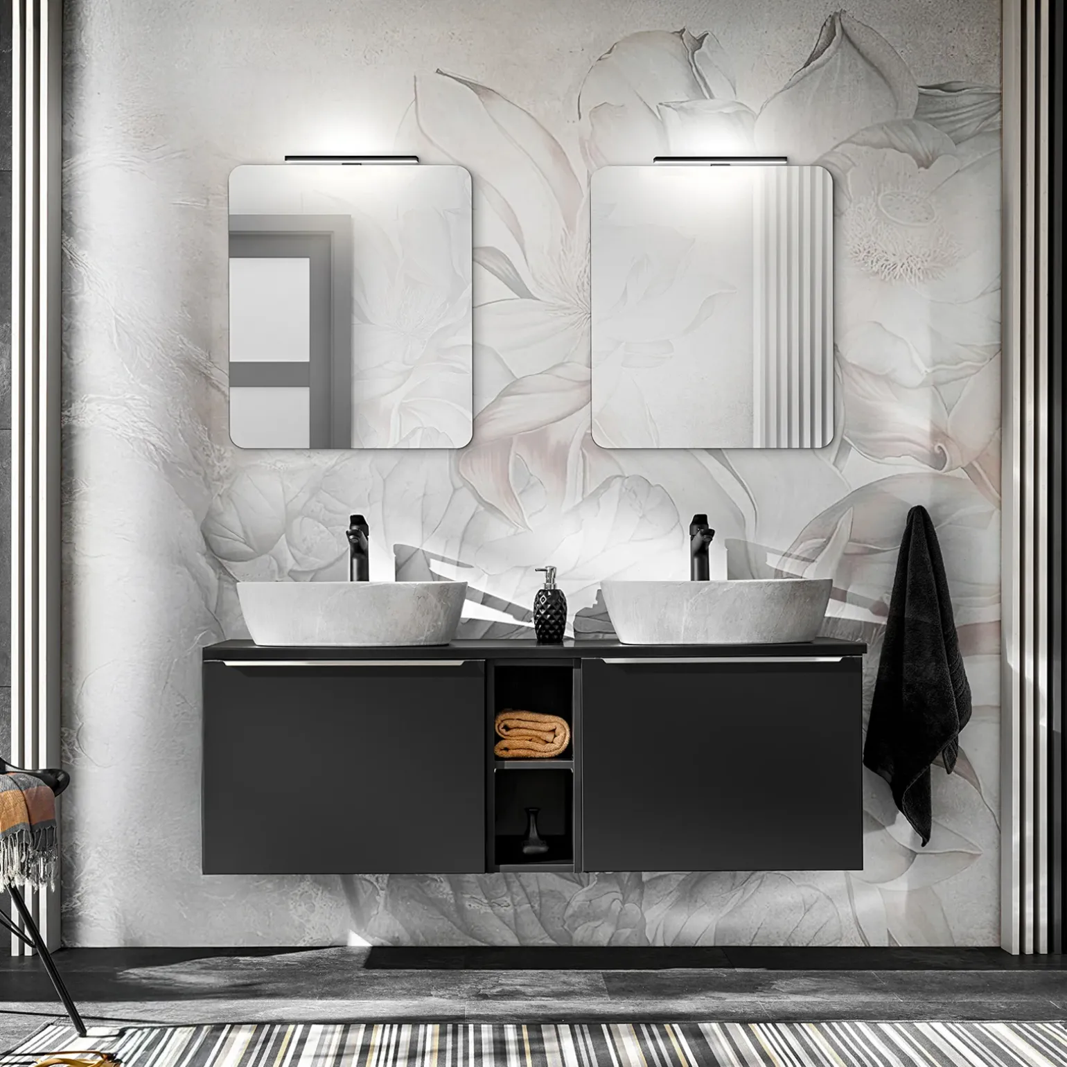 Mobile bagno sospeso 140cm 2 cassettoni e 2 cassetti attrezzati e 2 vani nero Serif