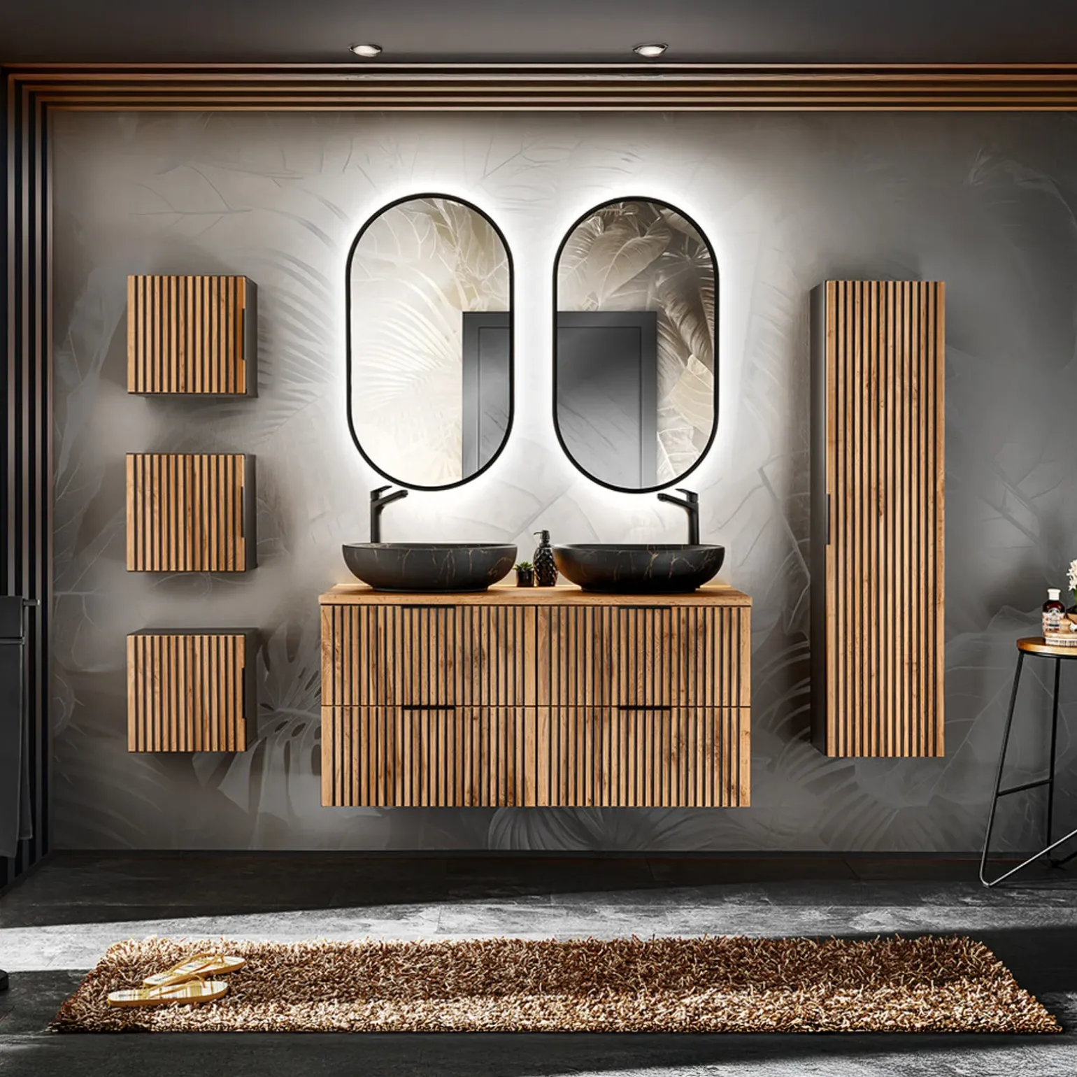 Mobile bagno sospeso 120cm 4 cassetti cannettato quercia antracite Limpid