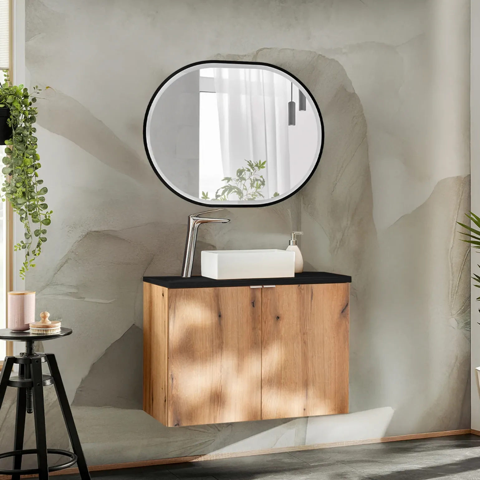 Mobile bagno sospeso 80cm 2 ante rovere nero Rovery