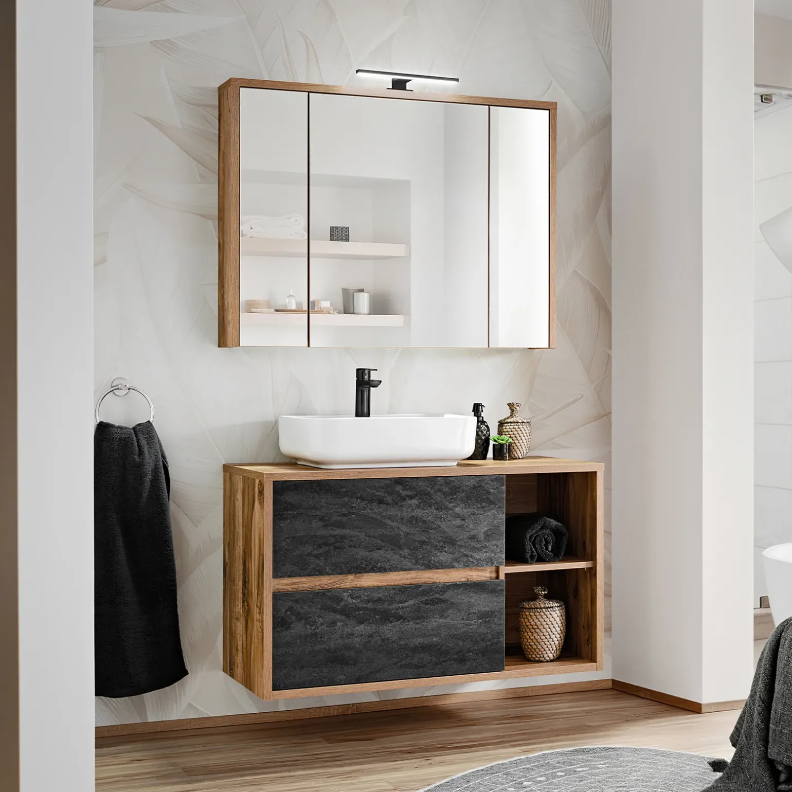 Mobile bagno sospeso 100cm 2 cassetti rovere antracite Stony