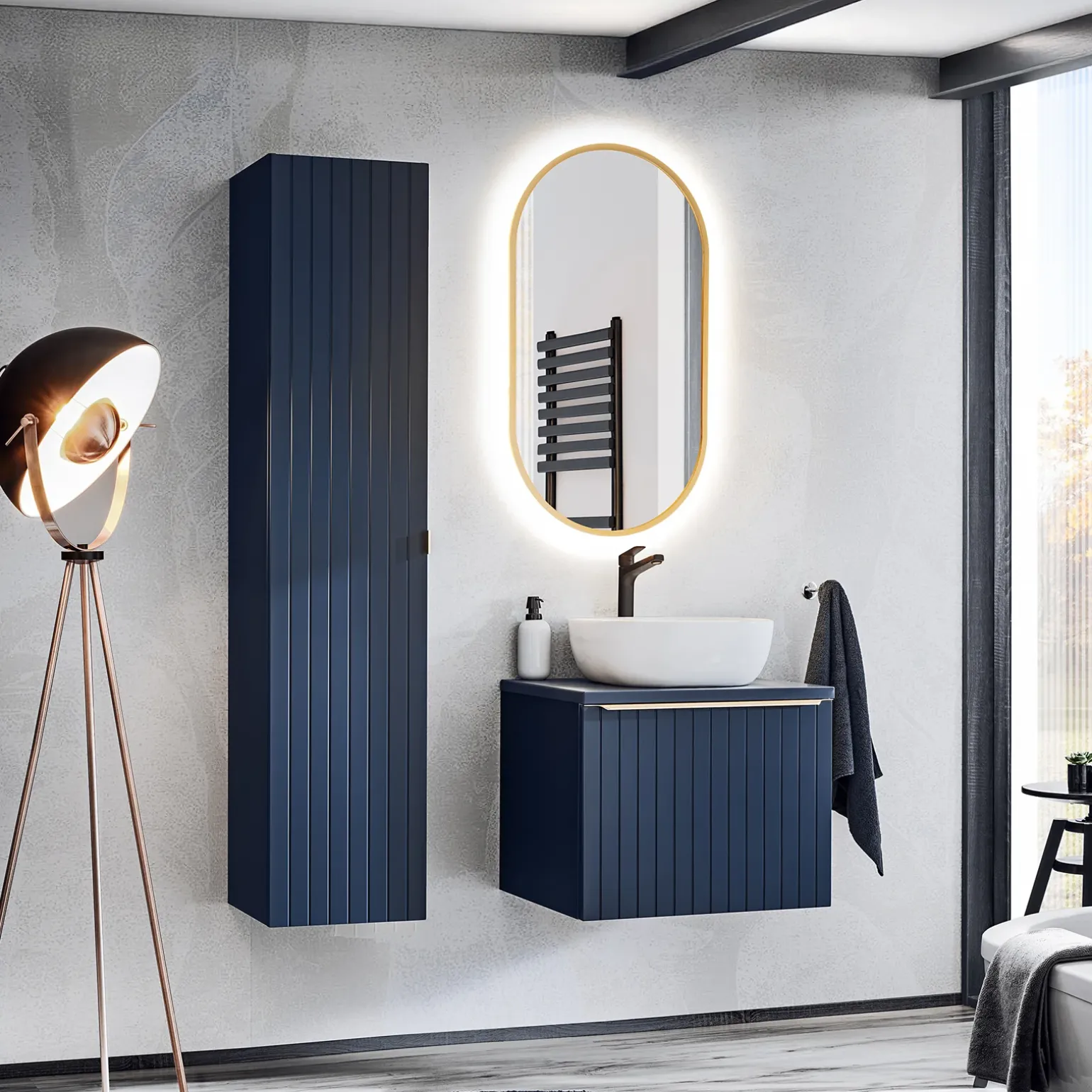 Mobile bagno sospeso 60cm 1 cassettone e 1 cassetto attrezzato cannettato blu Deep