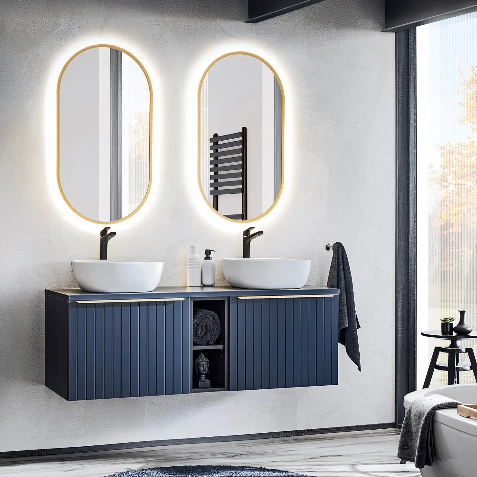 Mobile bagno sospeso 180cm 2 cassettoni e 2 cassetti attrezzati cannettato blu Deep