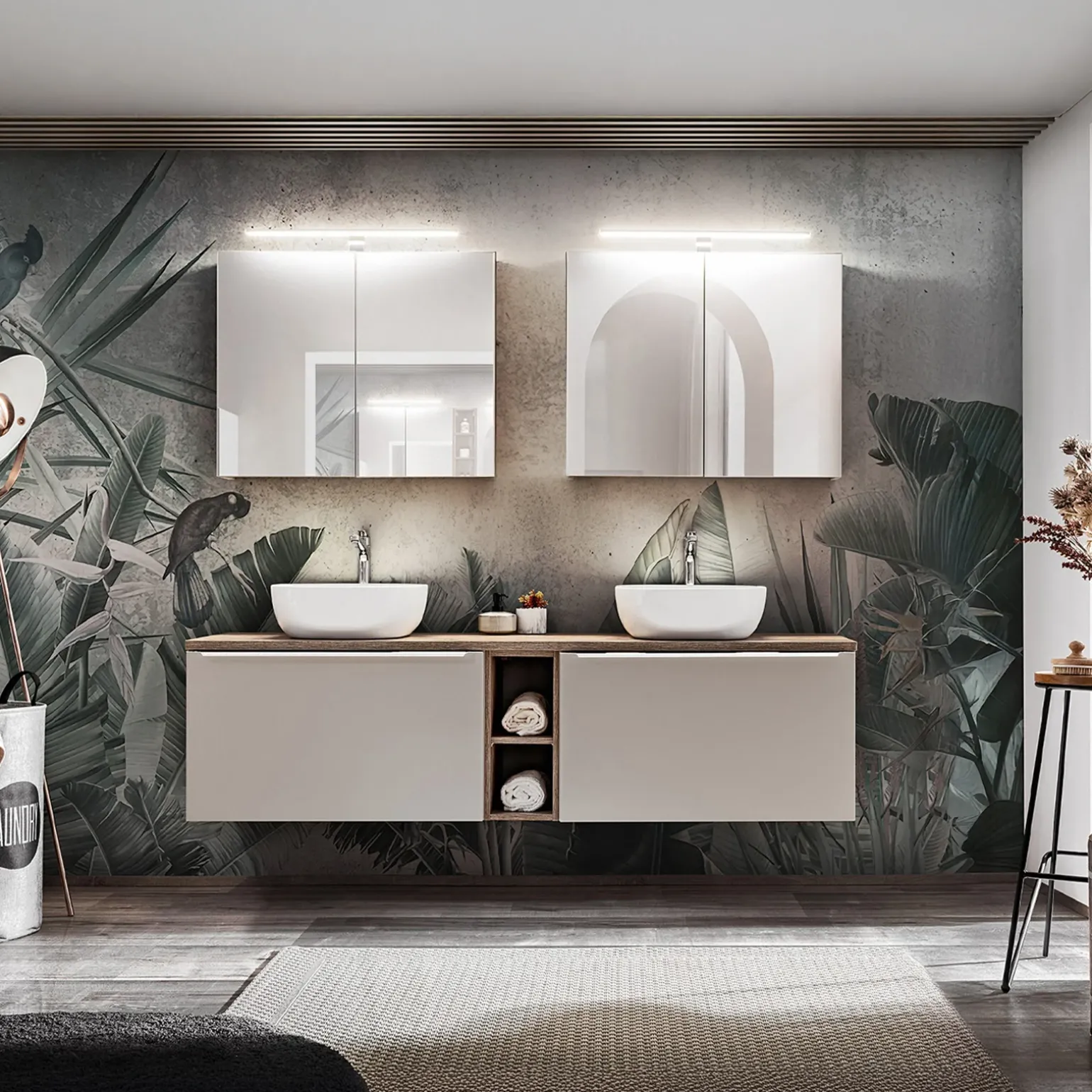 Mobile bagno sospeso 180cm 2 cassettoni e 2 cassetti attrezzati e 2 vani grigio quercia Serif