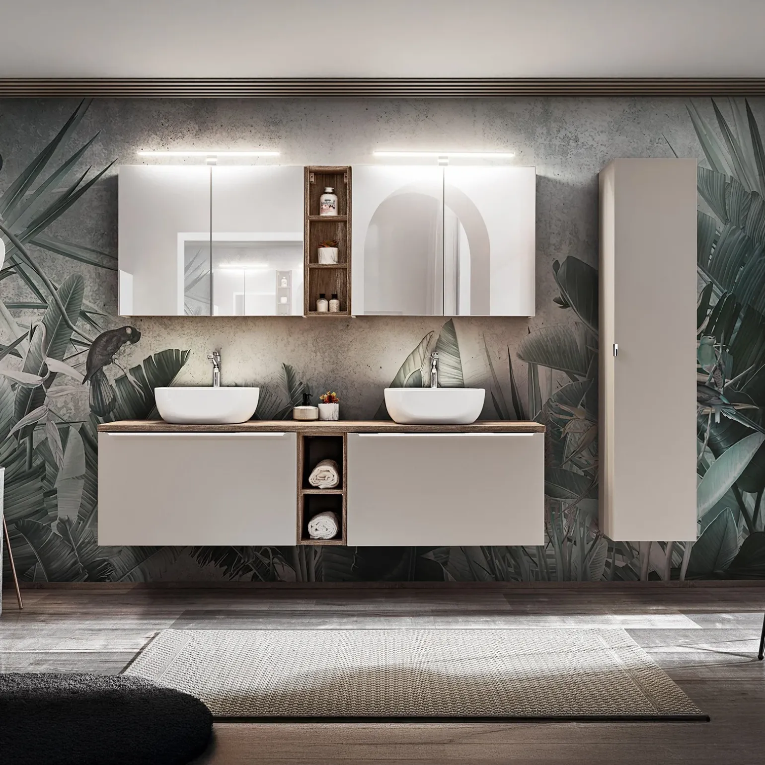 Mobile bagno sospeso 180cm 2 cassettoni e 2 cassetti attrezzati e 2 vani grigio quercia Serif