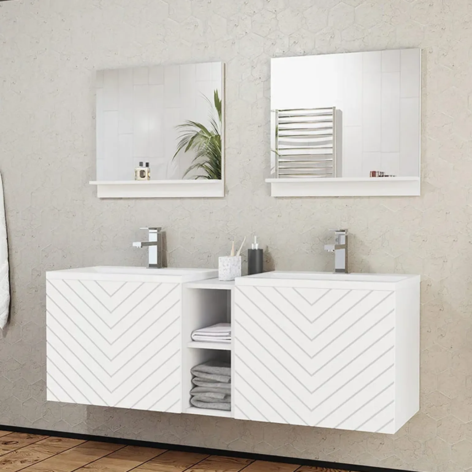 Mobile bagno sospeso 143cm con doppio lavabo e specchio serigrafato bianco Baden 6