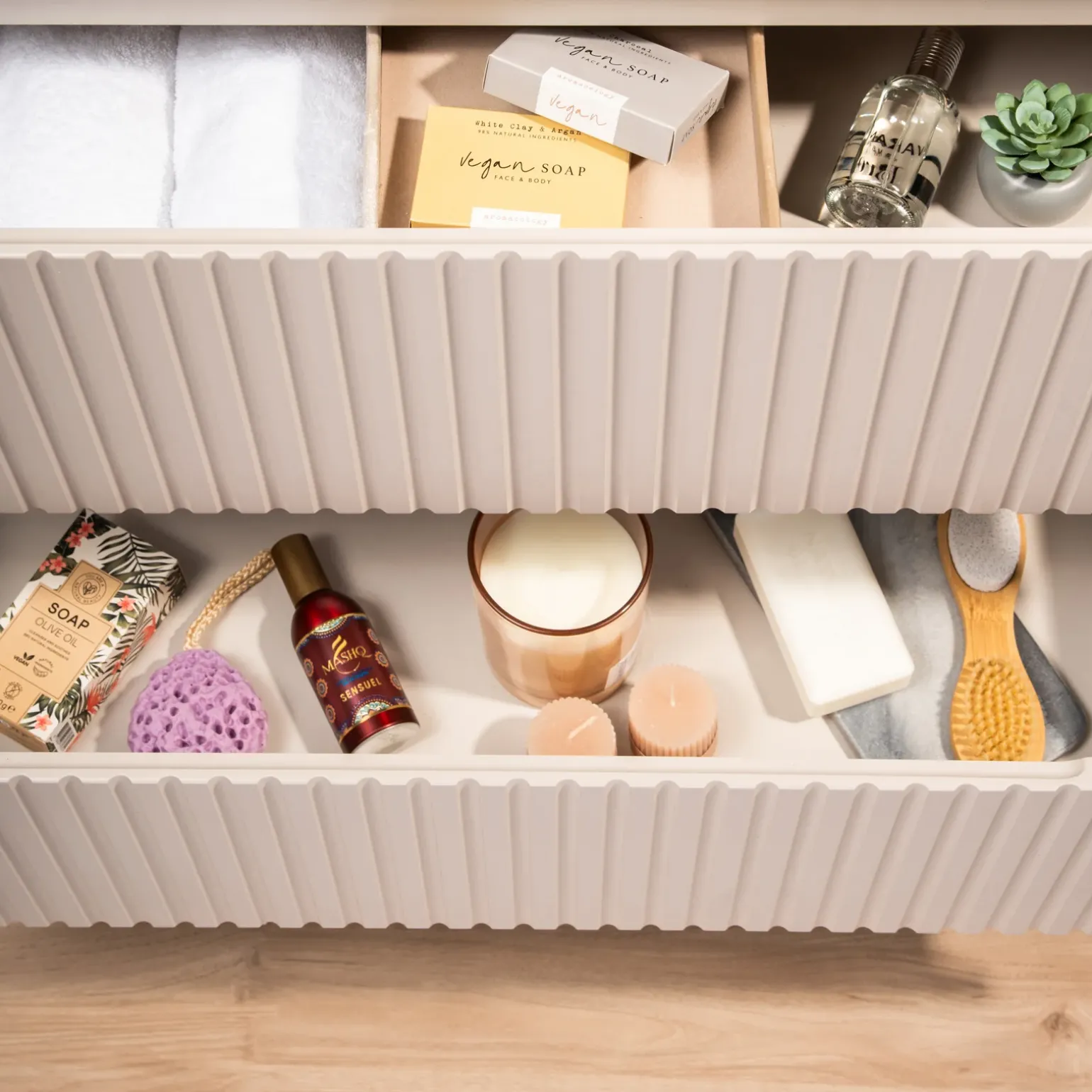 Mobile bagno sospeso 80cm cannettato con lavabo 2 cassetti beige Cleany