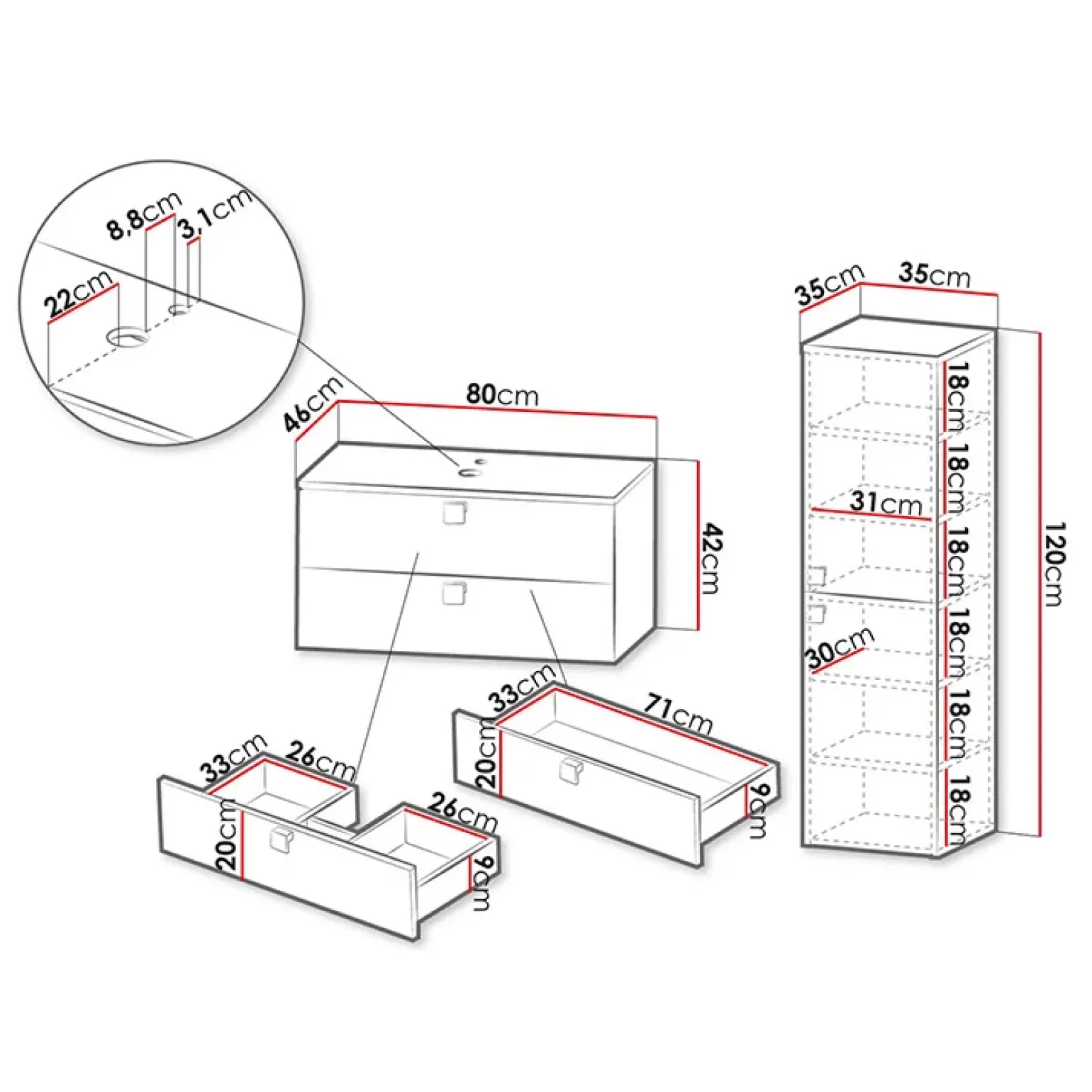 Mobile bagno sospeso 80cm con colonna 2 cassetti grigio Bursa 2