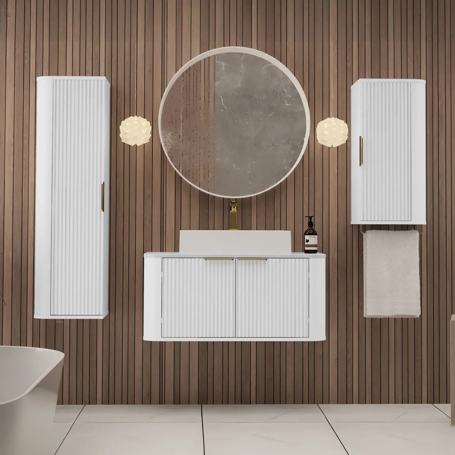 Mobile bagno sospeso 90cm con lavabo, colonna e pensile cannettato bianco Lusso