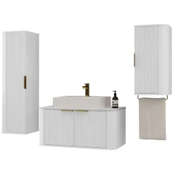 Mobile bagno sospeso 90cm con lavabo, colonna e pensile cannettato bianco Lusso