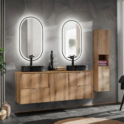 Mobile bagno sospeso 140cm con portabiancheria e colonna rovere Rovery