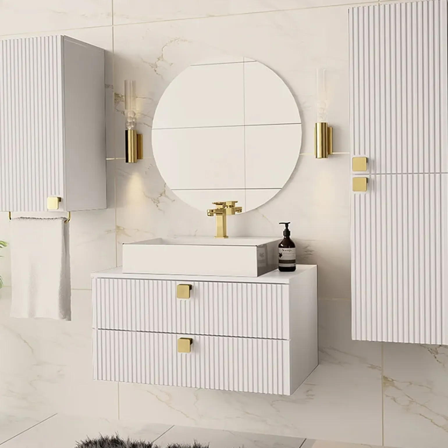 Mobile bagno sospeso 80cm con colonna e pensile maniglie oro bianco Bursa