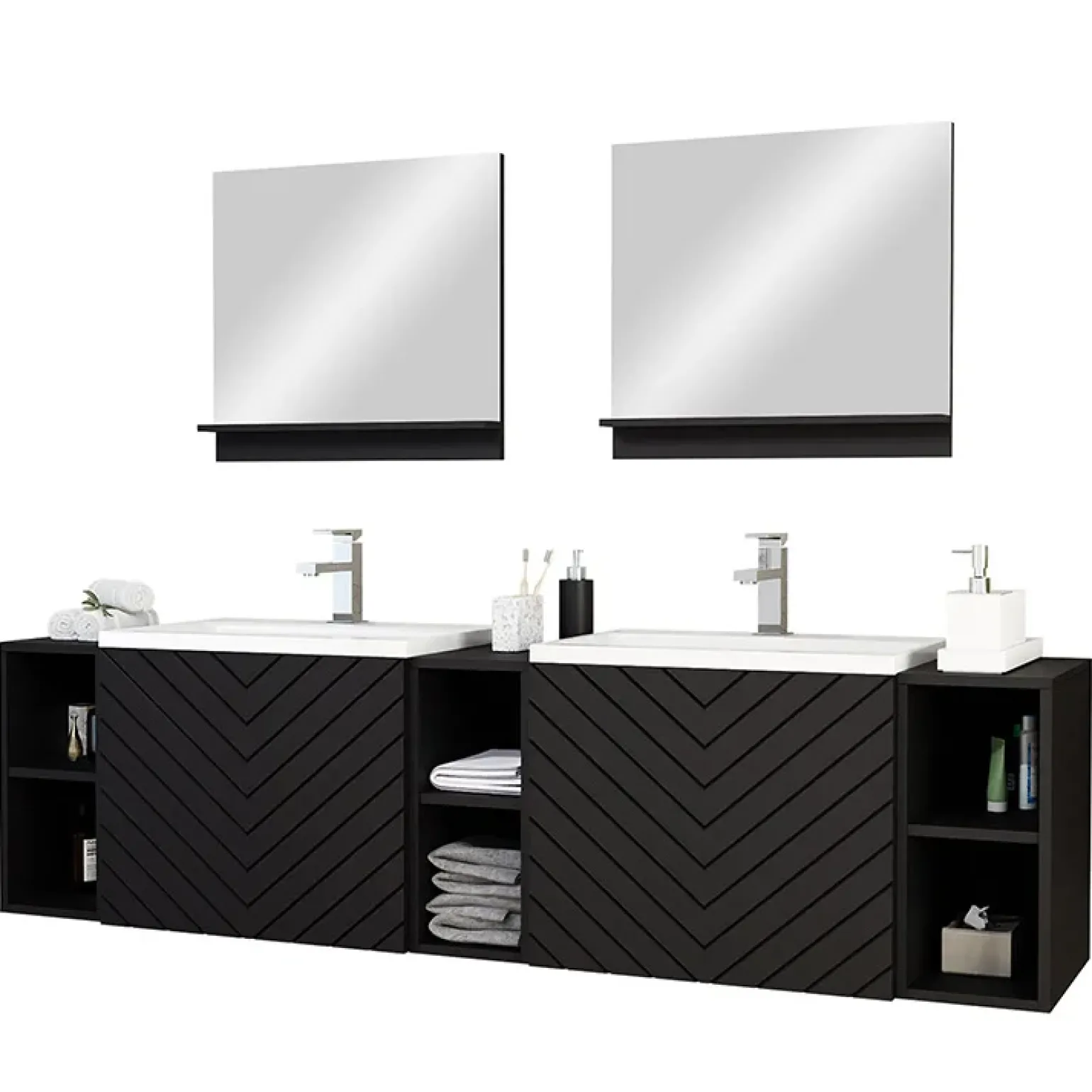 Mobile bagno sospeso 190cm con doppio lavabo e specchi serigrafato nero Baden 4