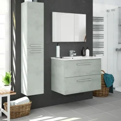 Mobile bagno sospeso 80cm con lavabo, specchio e colonna cemento bianco Oscar