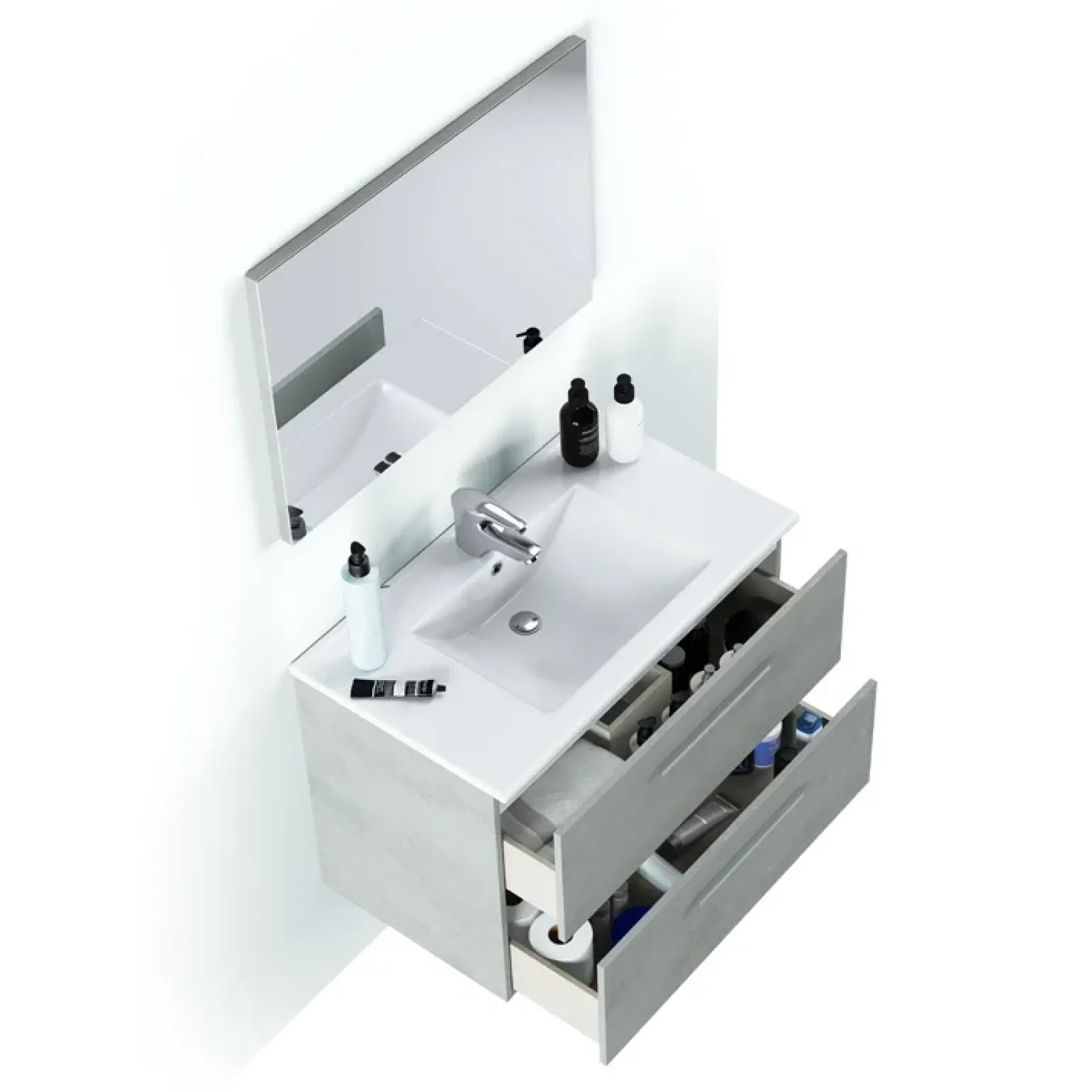 Mobile bagno sospeso 80cm con lavabo, specchio e colonna cemento bianco Oscar
