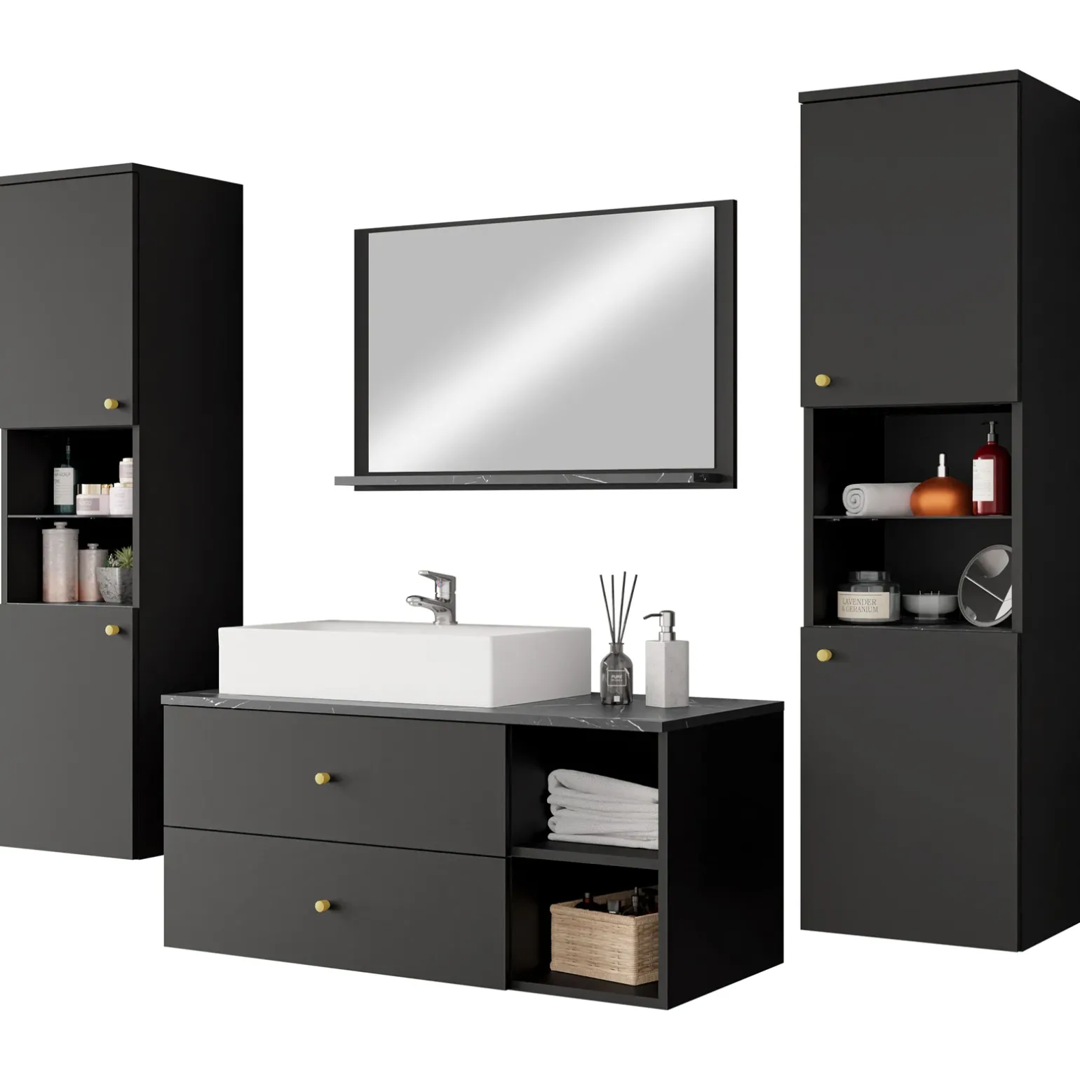 Mobile bagno sospeso 100cm con lavabo, specchio e 2 colonne nero Krom