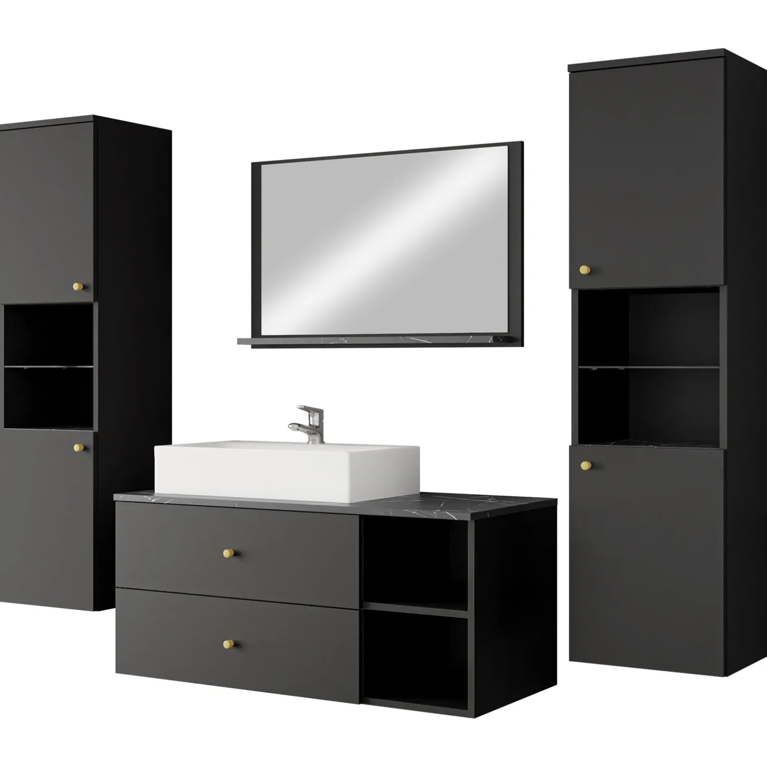 Mobile bagno sospeso 100cm con lavabo, specchio e 2 colonne nero Krom