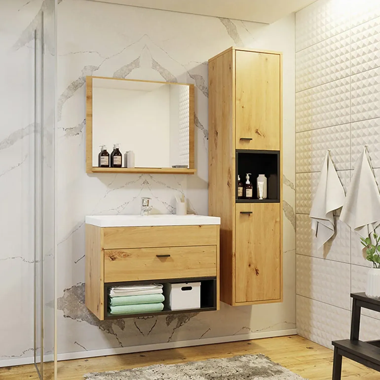Mobile bagno sospeso 60cm con lavabo, specchio e colonna moderno rovere nero Florentina