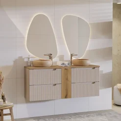 Mobile bagno sospeso 140cm cannettato 4 cassetti beige rovere Cleany