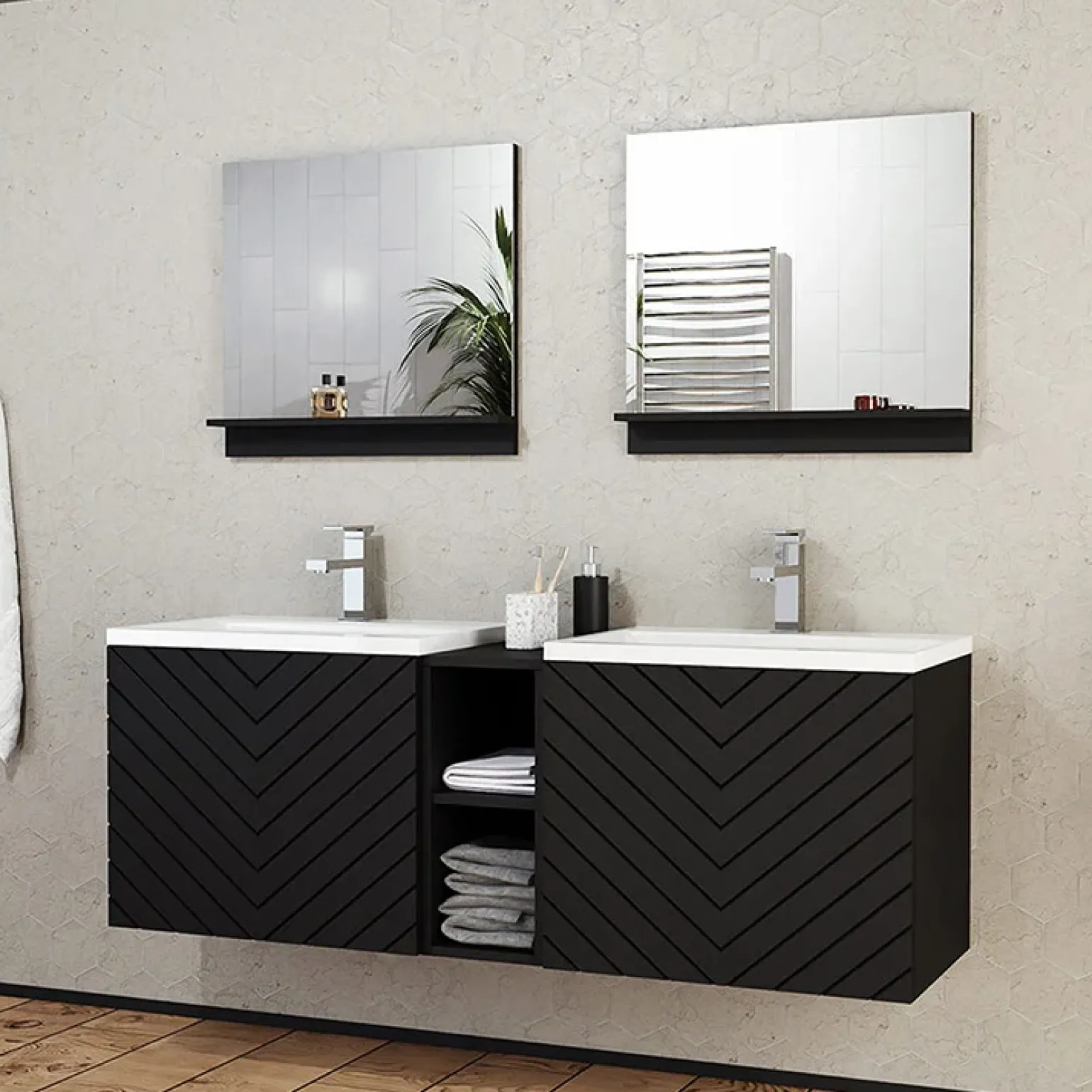 Mobile bagno sospeso 143cm con doppio lavabo e specchio serigrafato nero Baden 6