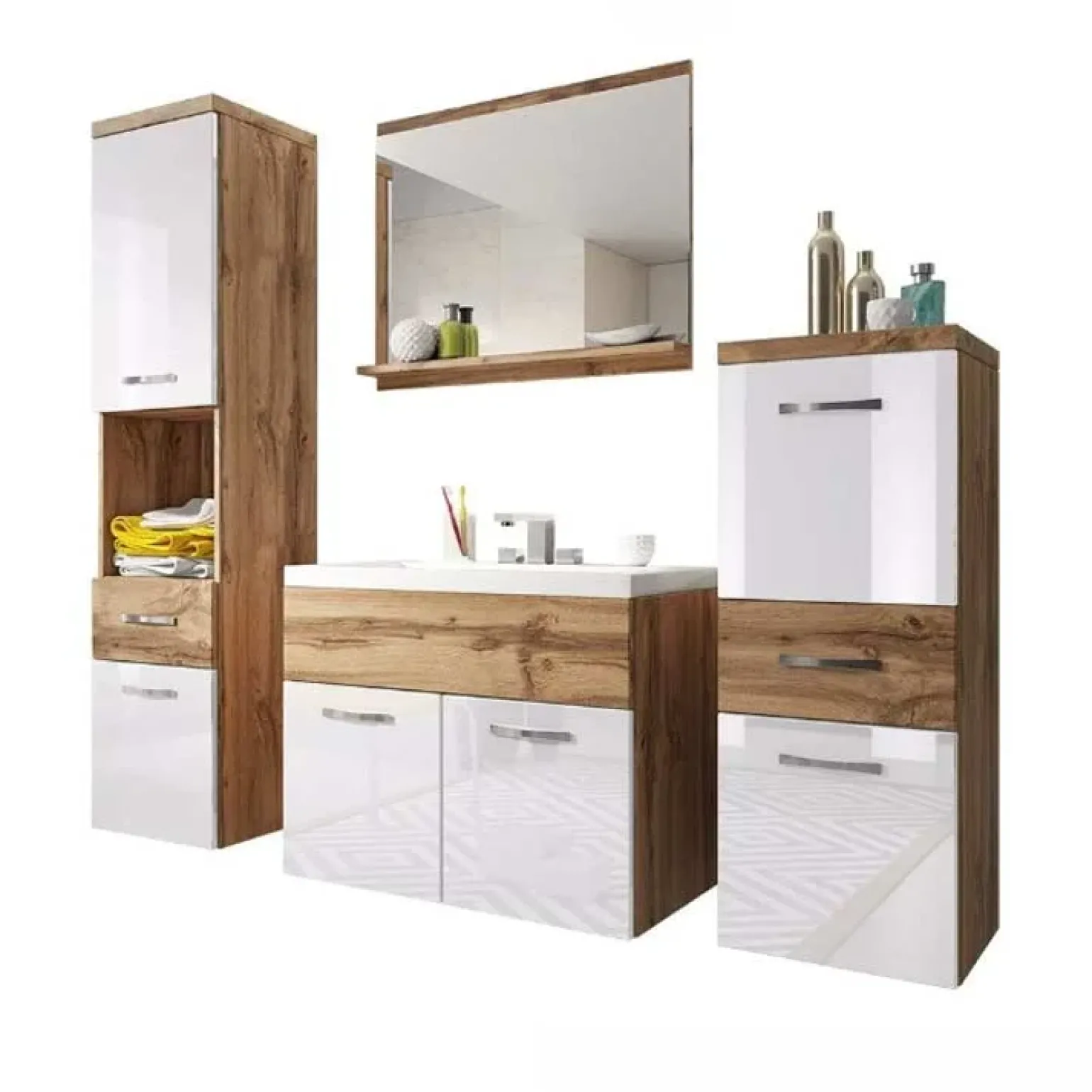 Mobile bagno sospeso 60cm con lavabo, specchio e colonne bianco rovere Loretta
