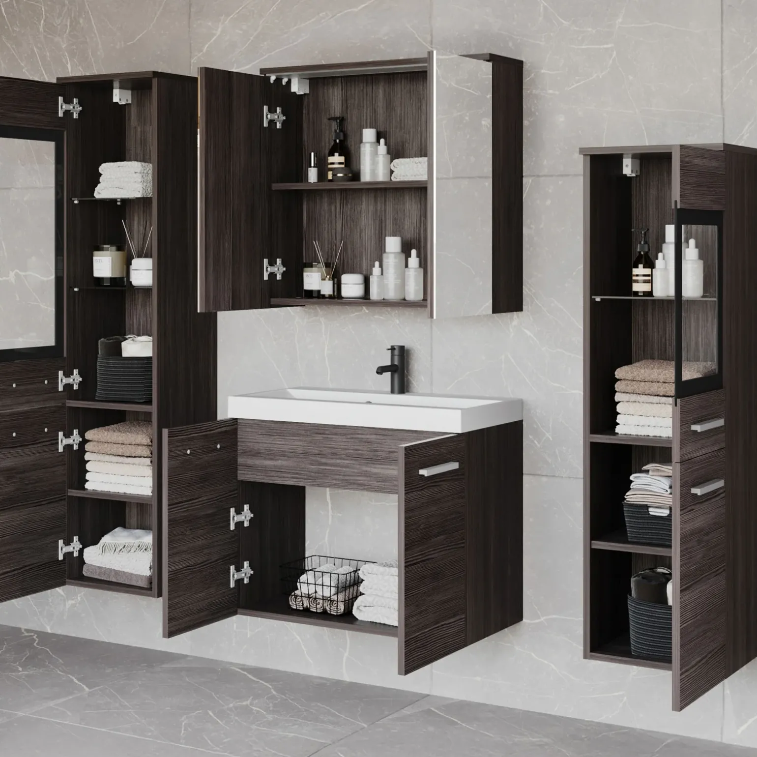 Mobile bagno sospeso 60cm con lavabo, specchio e 2 colonne rovere grigio Luz
