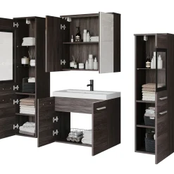 Mobile bagno sospeso 60cm con lavabo, specchio e 2 colonne rovere grigio Luz