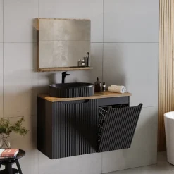 Mobile bagno sospeso 100cm cannettato con portabiancheria nero rovere Cleany