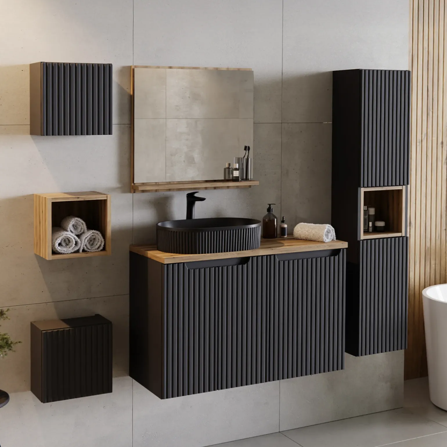 Mobile bagno sospeso 100cm cannettato con portabiancheria nero rovere Cleany