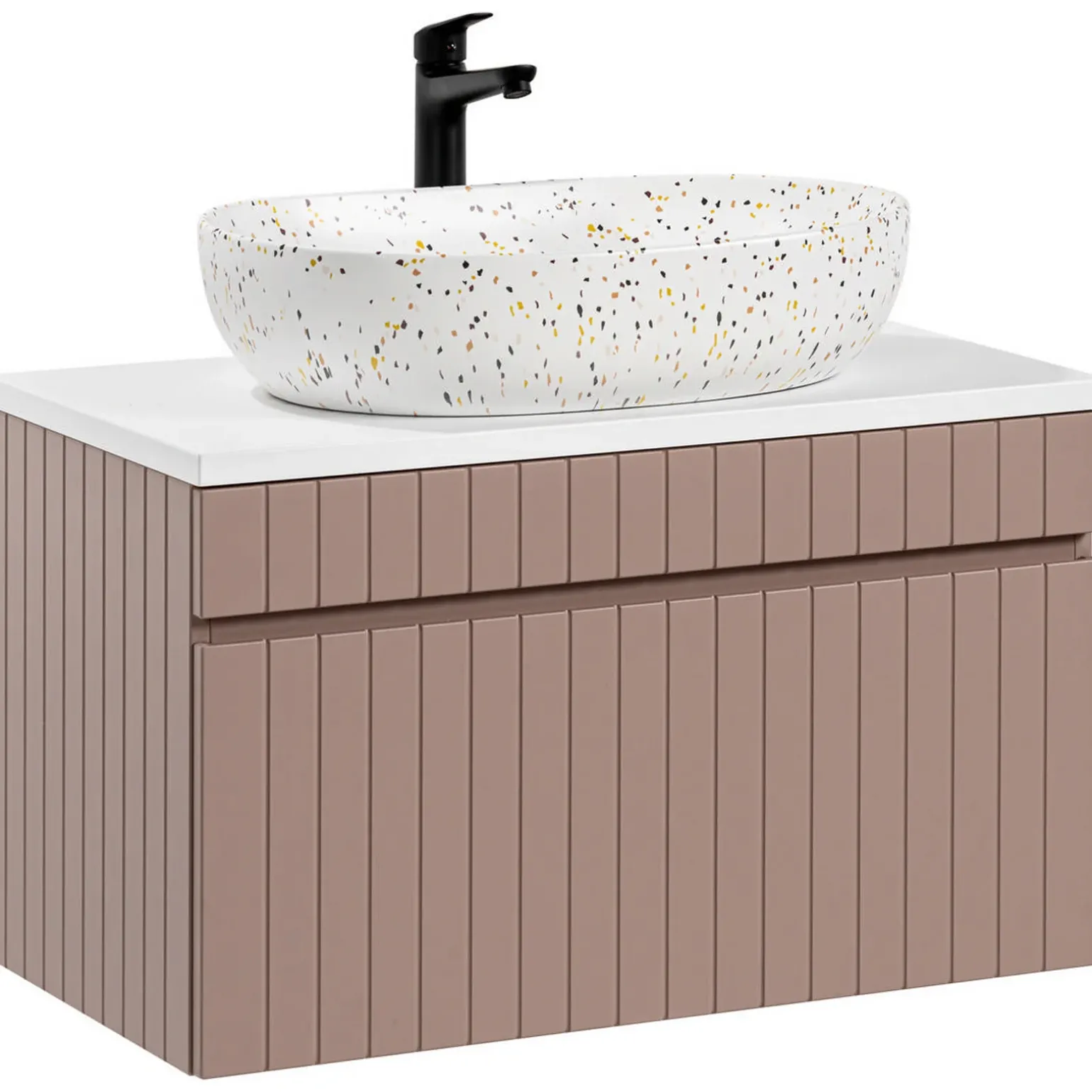 Mobile bagno sospeso 80cm cannettato con lavabo, colonna e specchio rosa Autentic