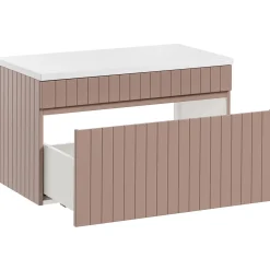 Mobile bagno sospeso 80cm cannettato con lavabo, colonna e specchio rosa Autentic