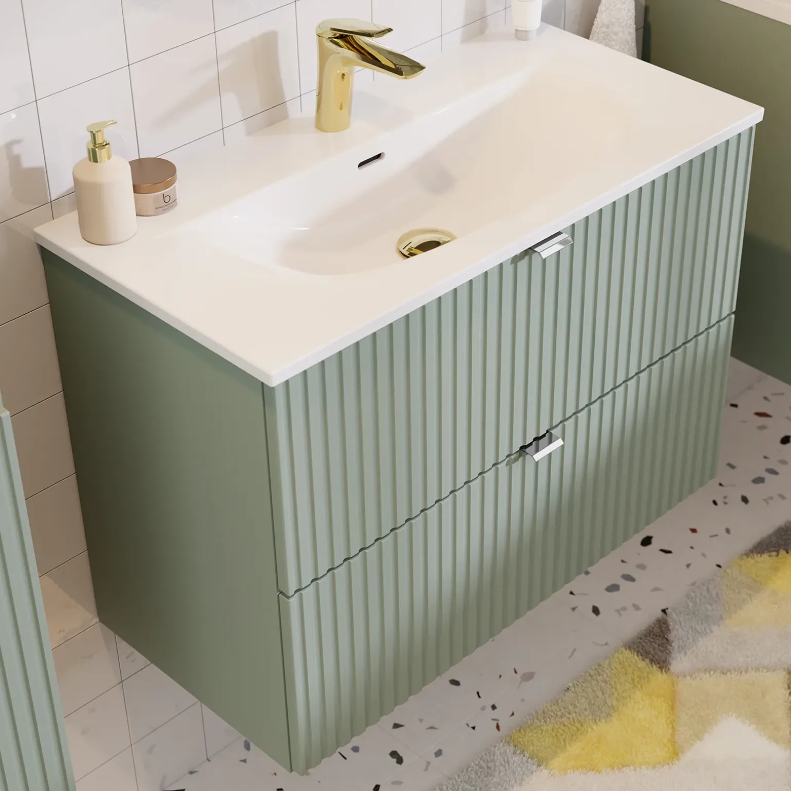 Mobile bagno sospeso 80cm cannettato con lavabo 2 cassetti verde salvia Greeny