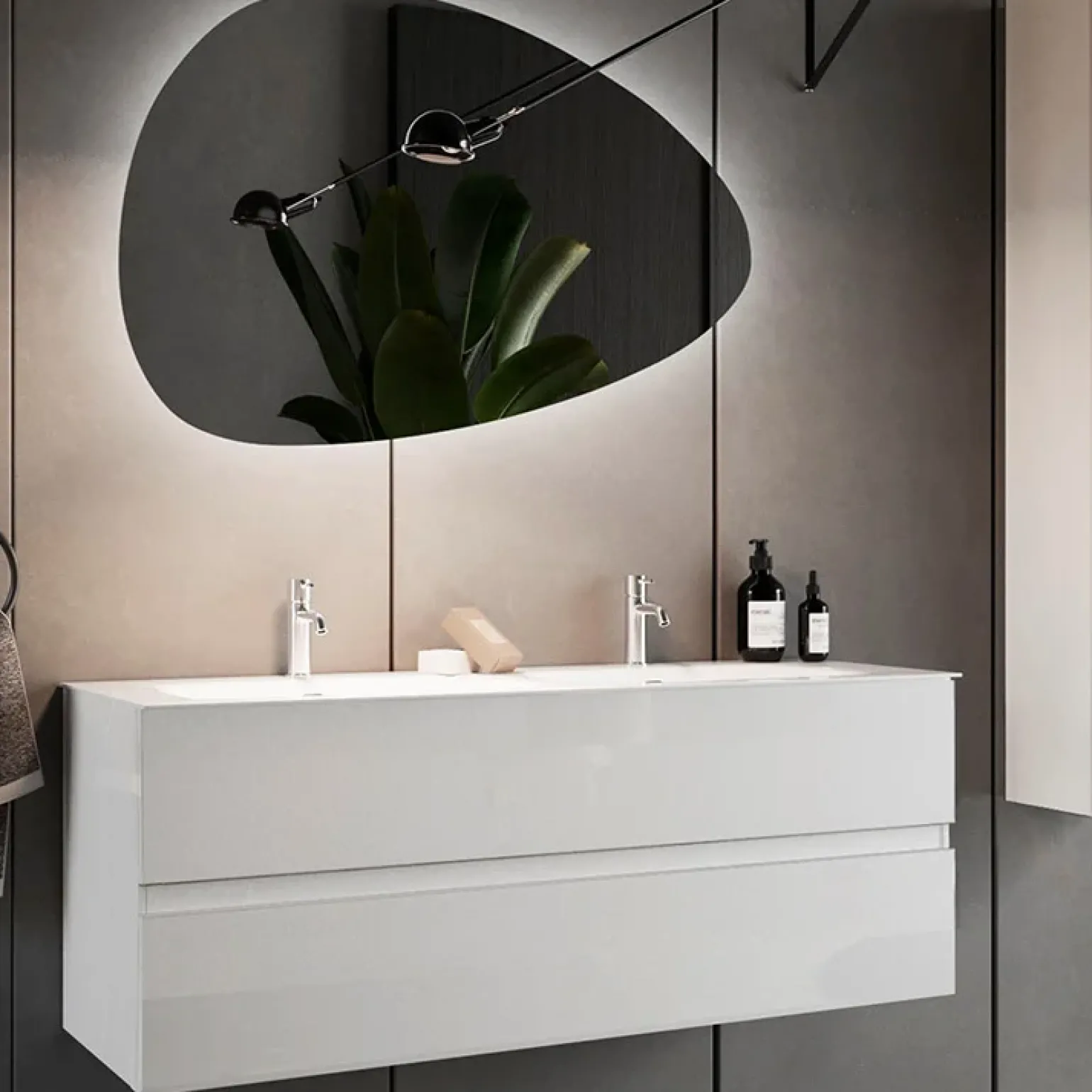 Mobile bagno sospeso 120cm con doppio lavabo e specchio bianco lucido Moon