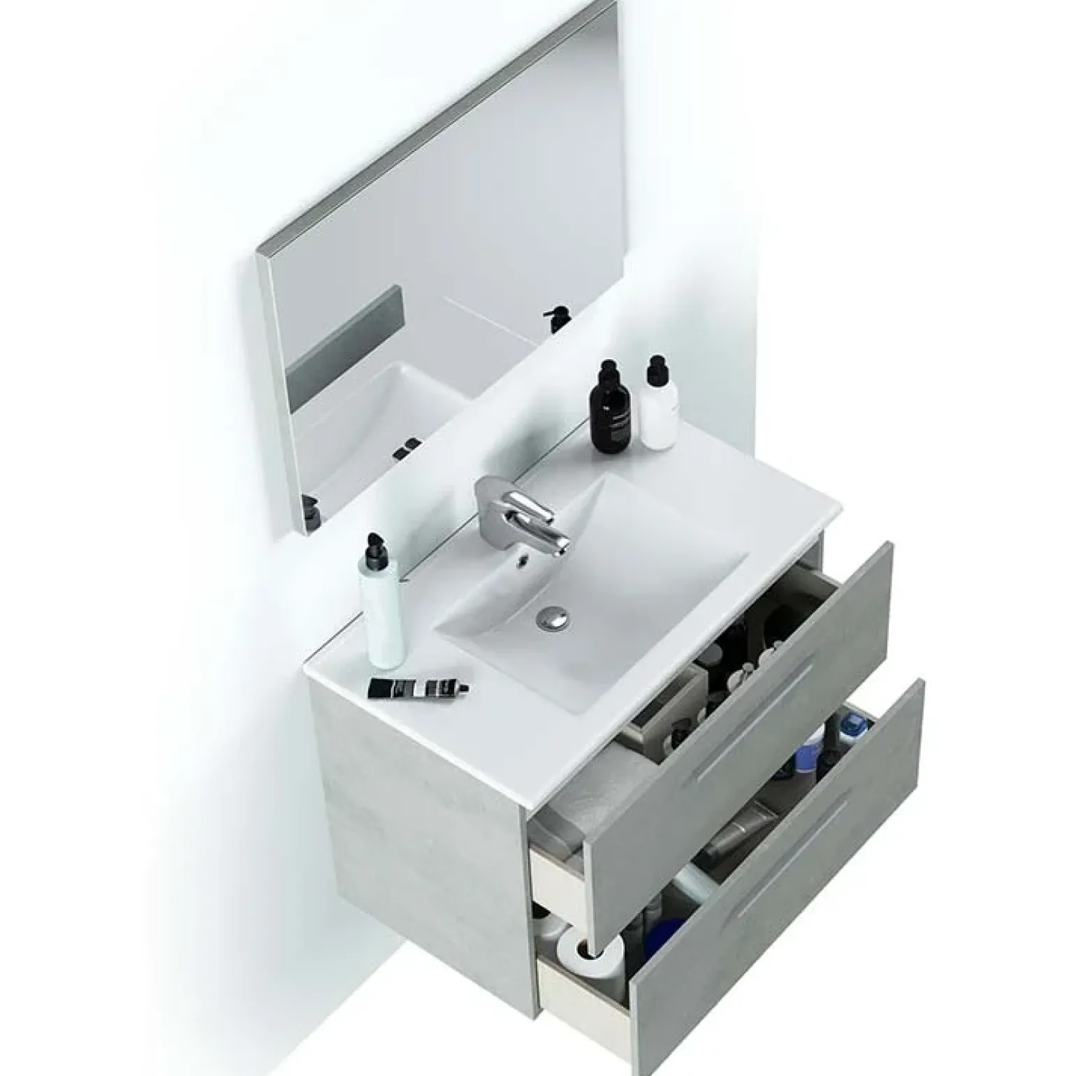 Mobile bagno sospeso 80cm con lavabo e specchio cemento bianco Oscar