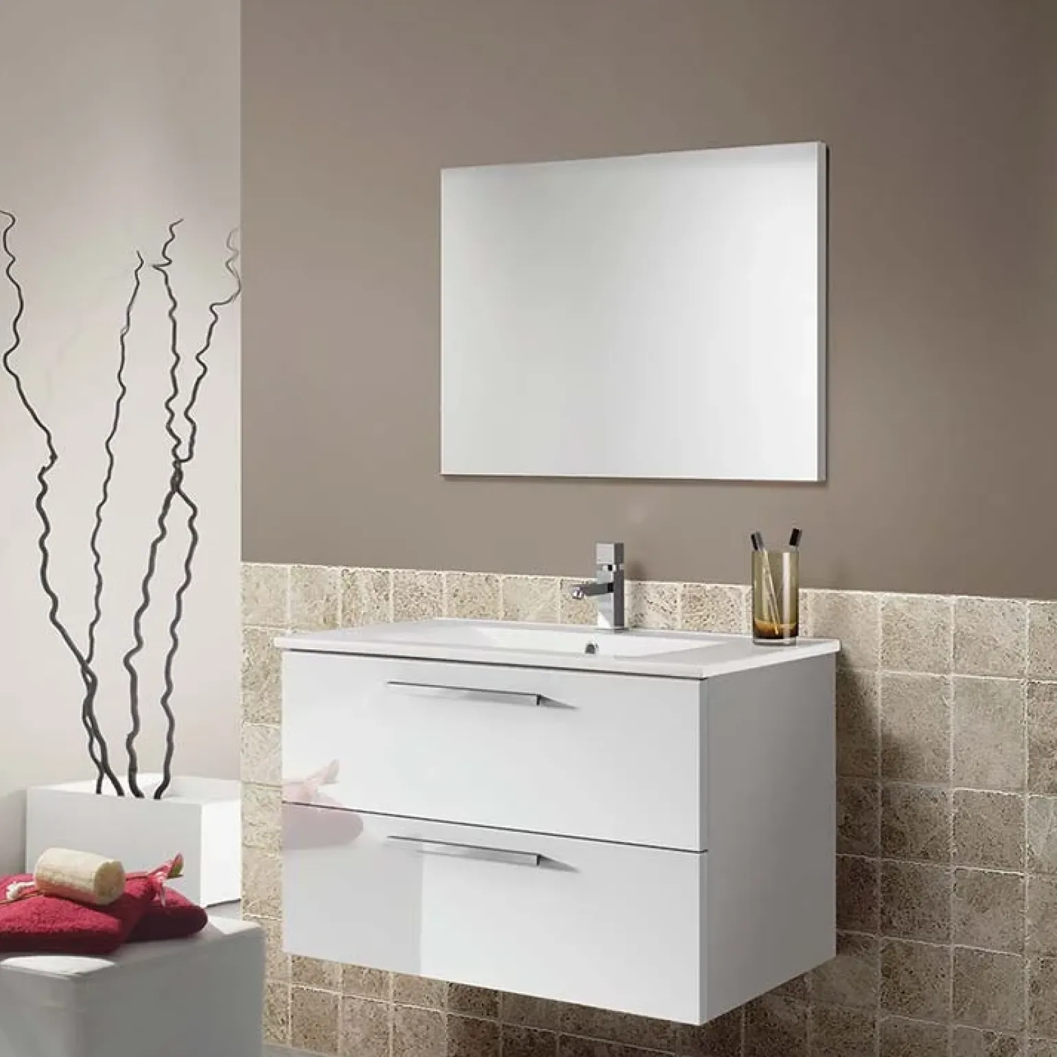Mobile bagno sospeso 80cm con lavabo e specchio bianco lucido Elton