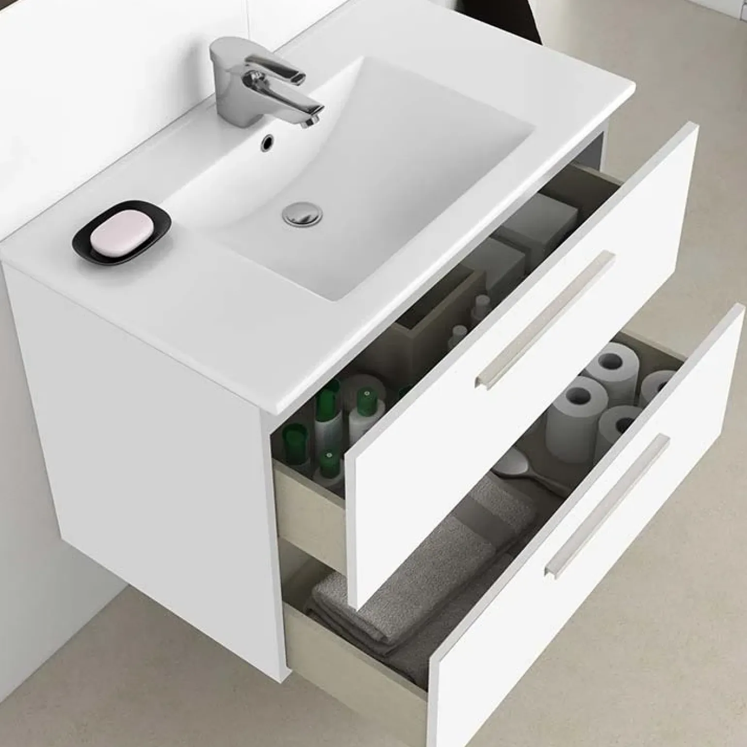 Mobile bagno sospeso 80cm con lavabo e specchio bianco lucido Elton