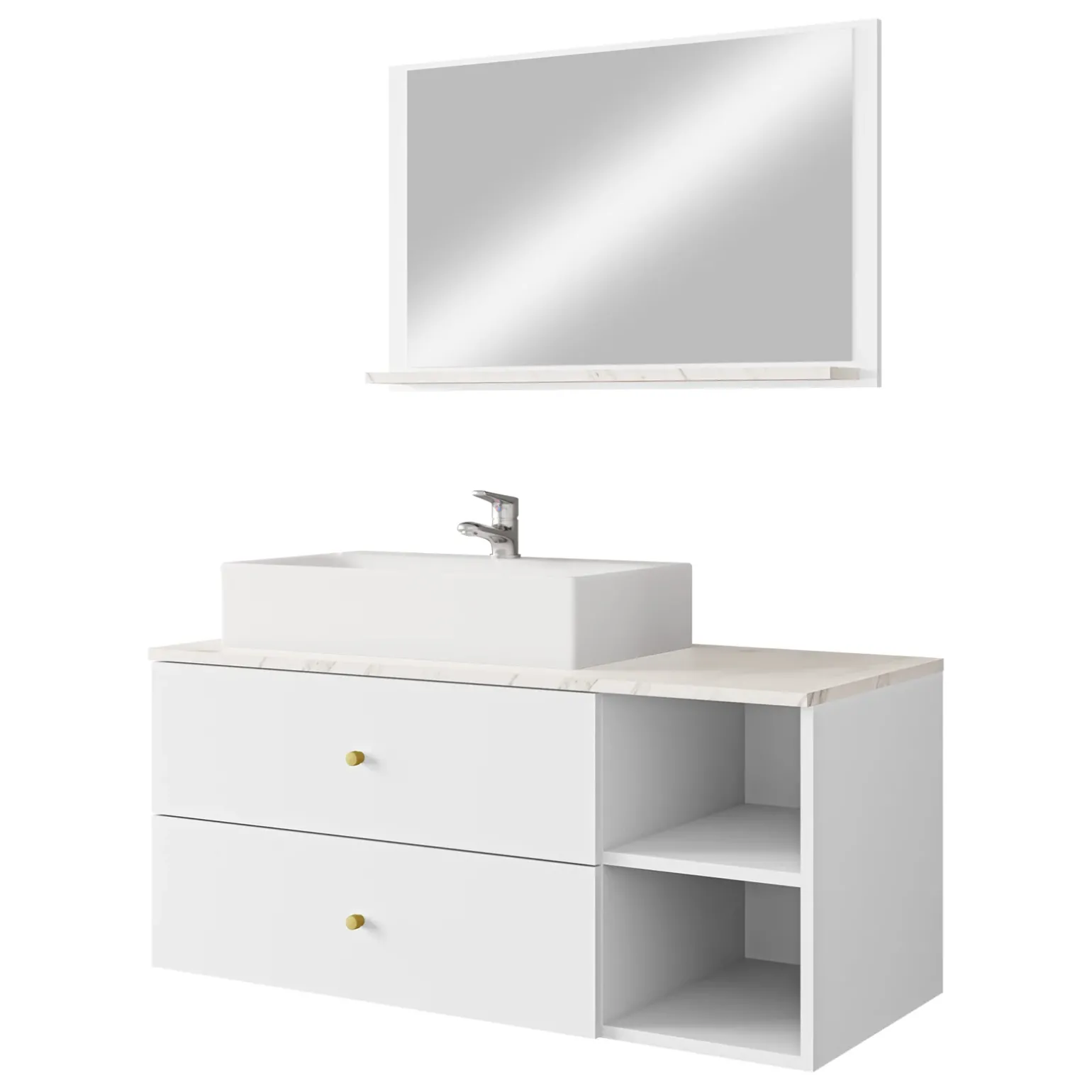 Mobile bagno sospeso 100cm con lavabo e specchio 2 cassetti bianco Krom