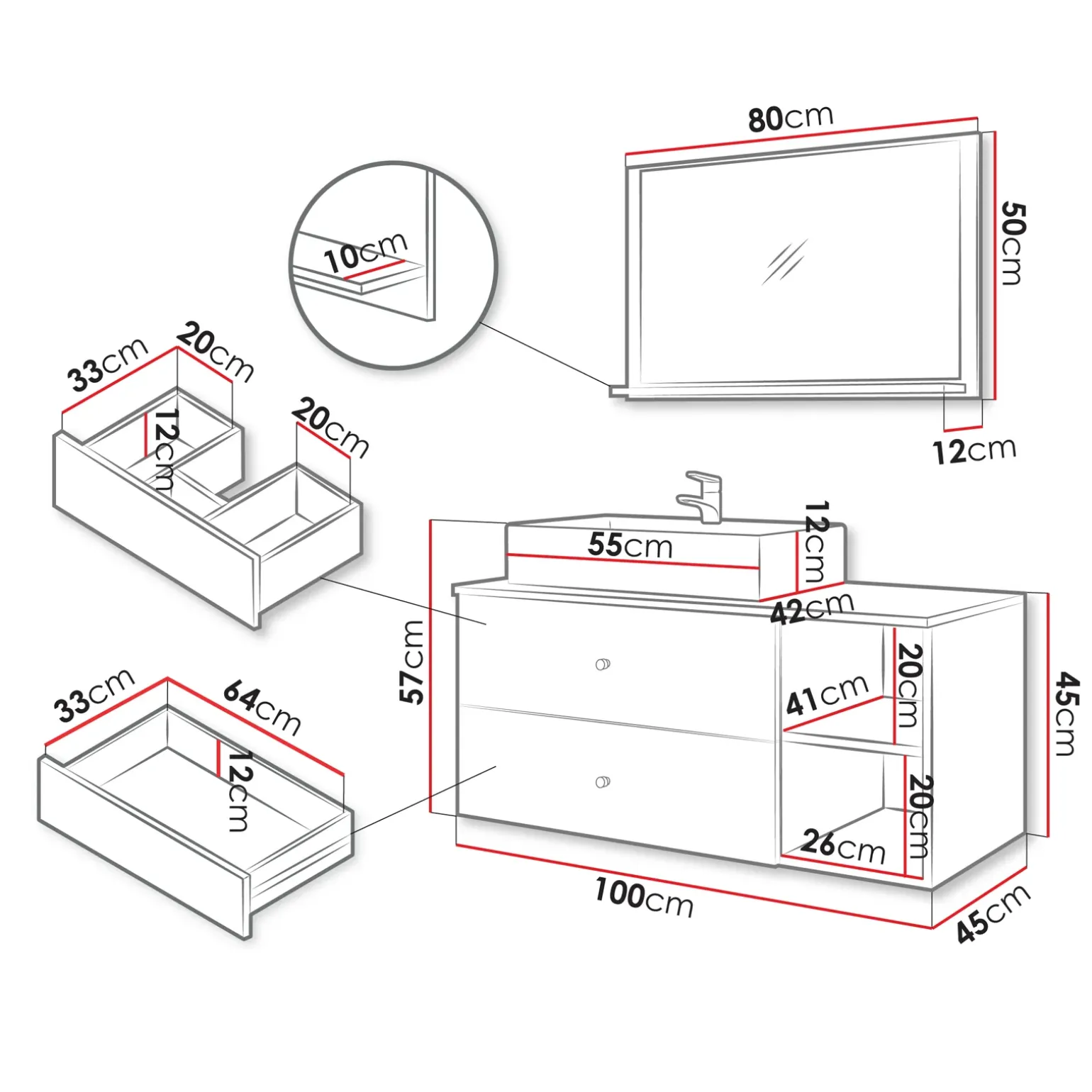 Mobile bagno sospeso 100cm con lavabo e specchio 2 cassetti bianco Krom