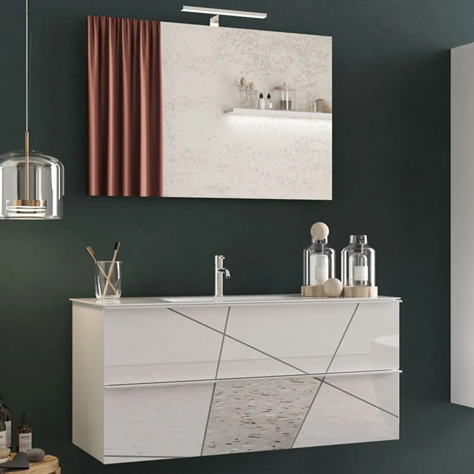 Mobile bagno sospeso 100cm con lavabo e specchio bianco lucido specchi Olimpo